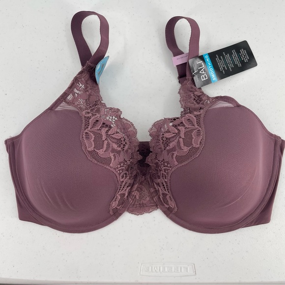 NWT Bali 40D Smoothing Lace Plum Foam Cup Stretch Adjustable Straps Back Bra - Picture 2 of 12